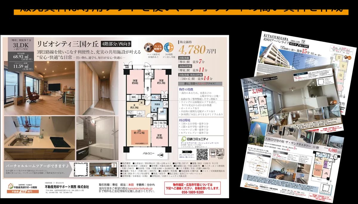 専用ソフトで作成した販売資料の実例。物件写真・間取り図・価格・周辺情報・室内写真をレイアウトし、クオリティの高いオーダーメイド資料に仕上げています。