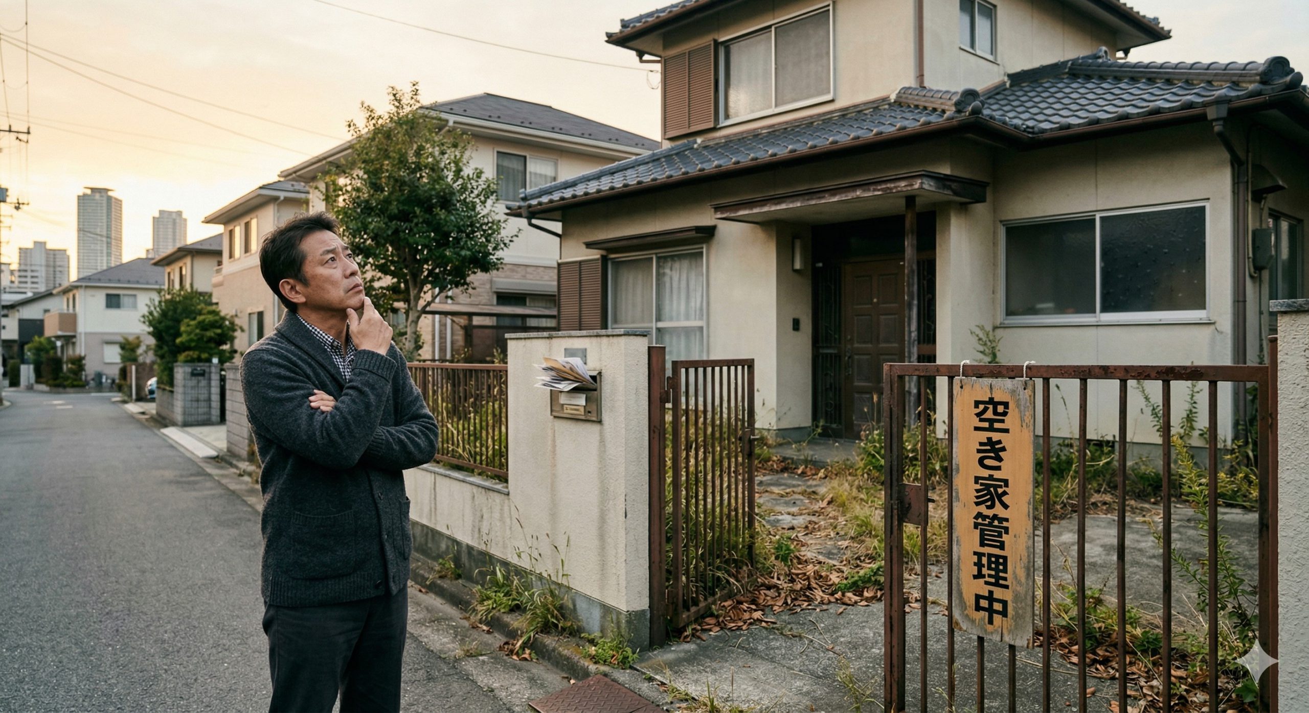 空き家の前で悩む男性